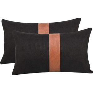 Set of 2 Black Linen Patchwork Faux Leather Throw Lumbar Pillow Covers for Couch